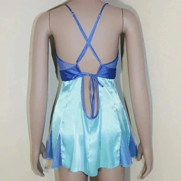 Vintage 00s Blue Satin Lace Teddy Lingerie Size Small Floral Mesh Slip On Sexy - Picture 3 of 4